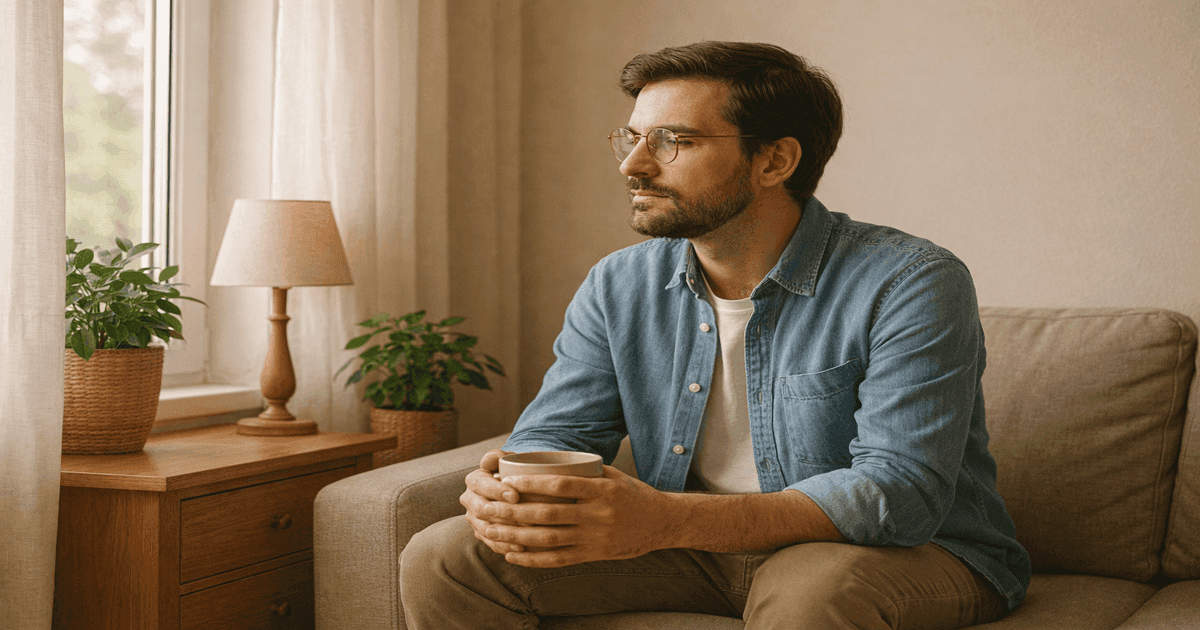 Man sitting quietly on a sofa by a window.