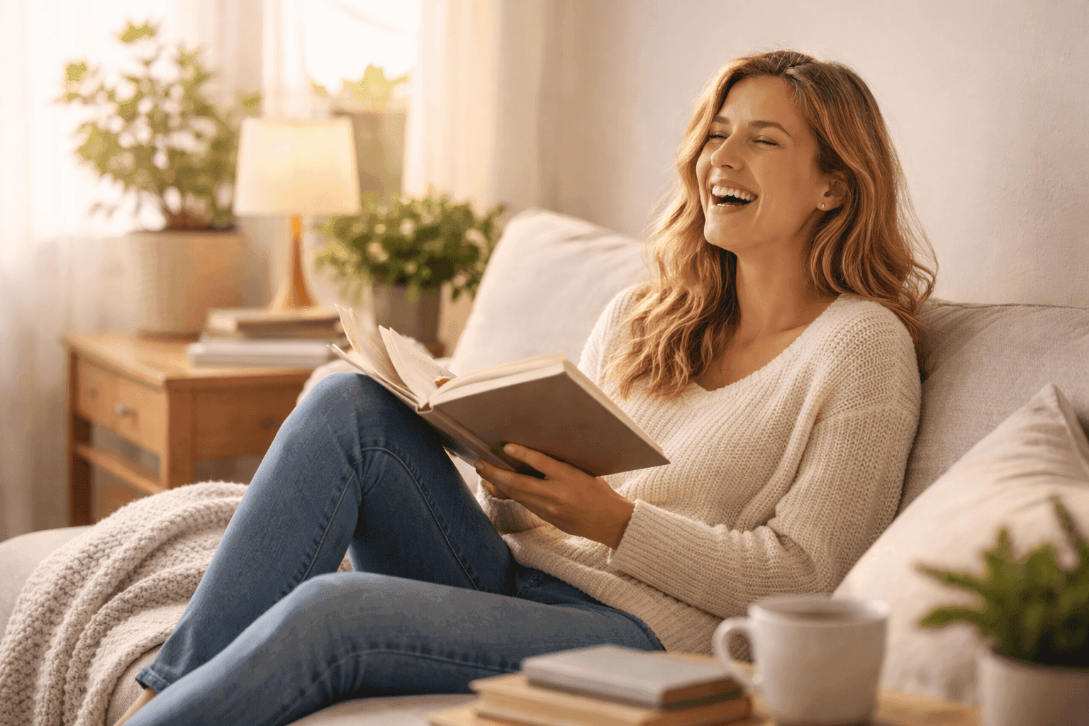Woman laughing while reading a book at home