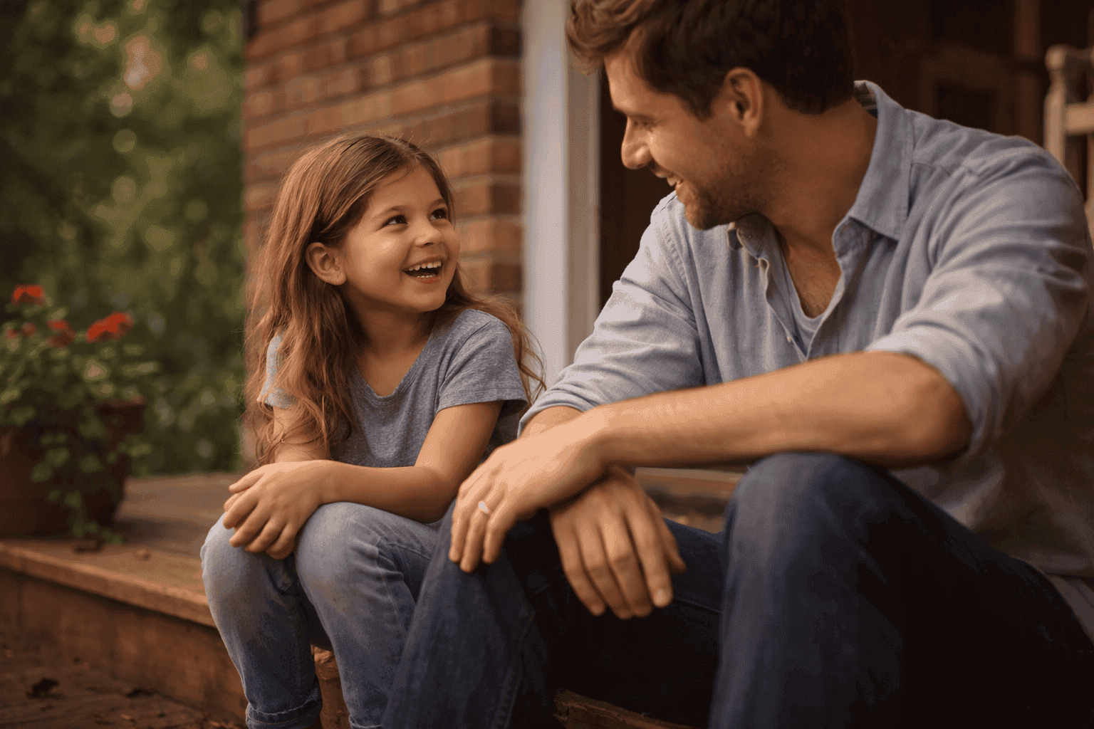 A young girl sitting with her father on the steps of their home.