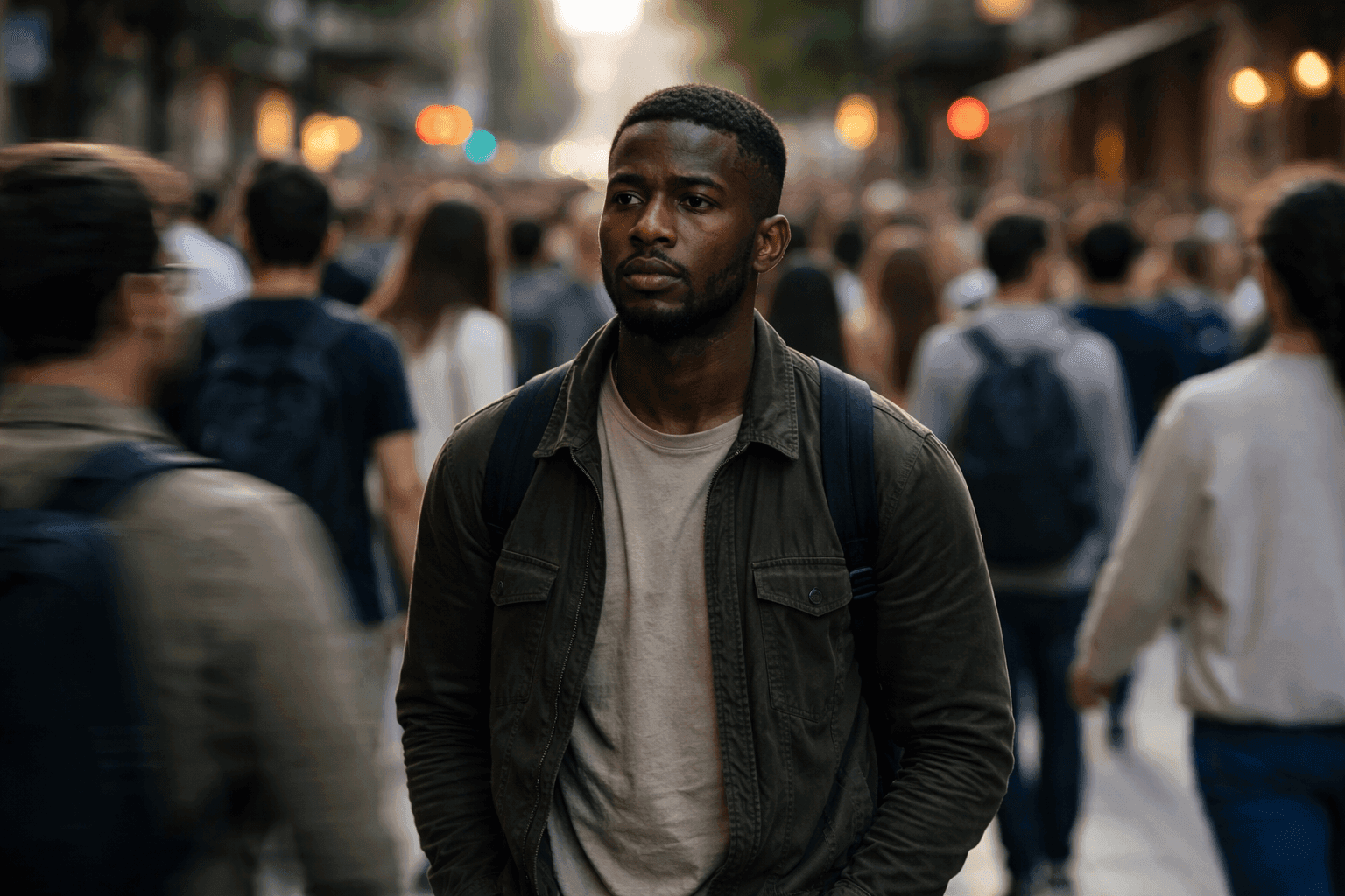 A man standing alone in a crowded city street looking distant and emotionally disconnected
